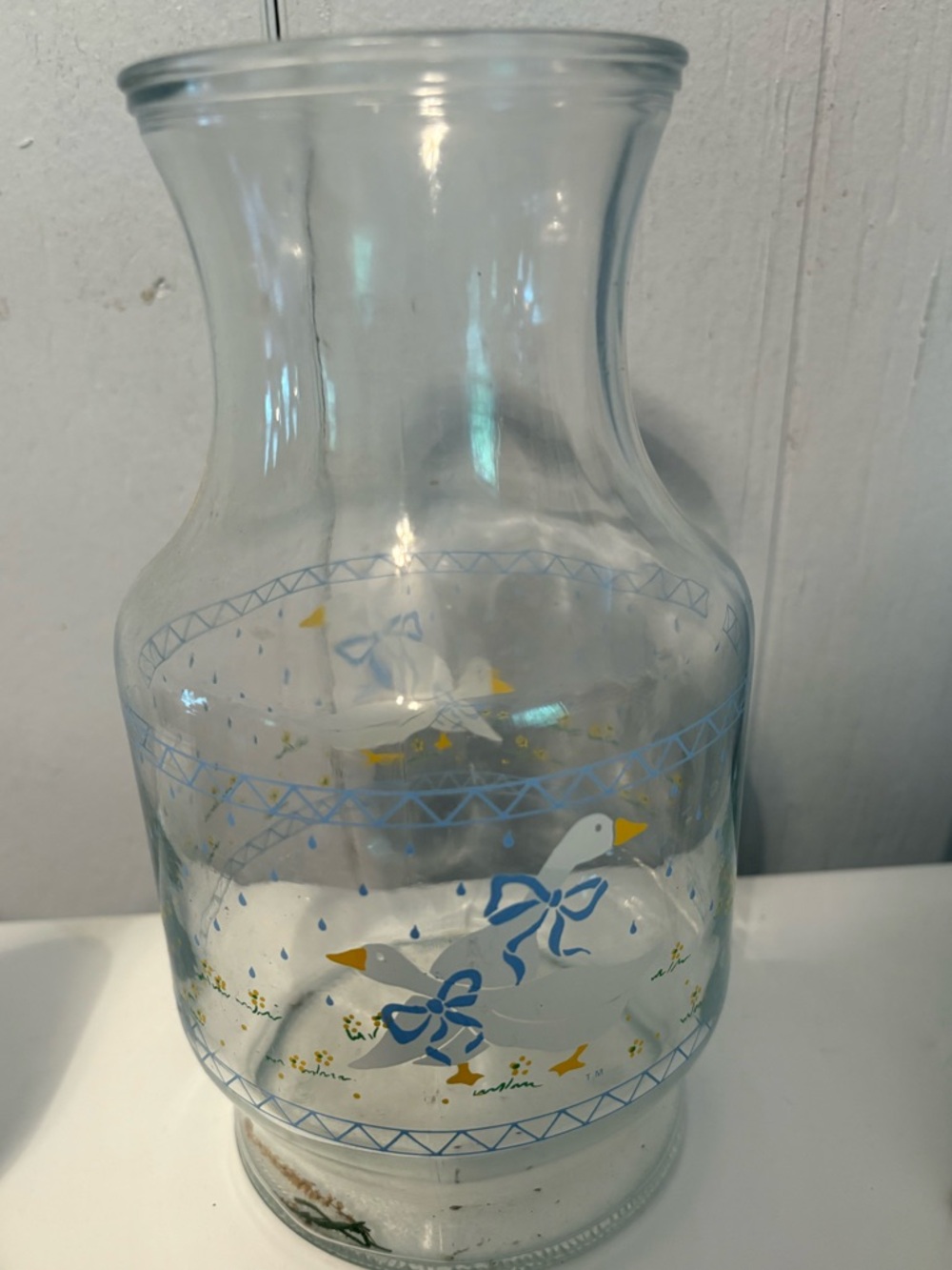 Vintage 1987 Anchor Hocking Clear Glass Carafe with Blue Ribbon Goose Motif